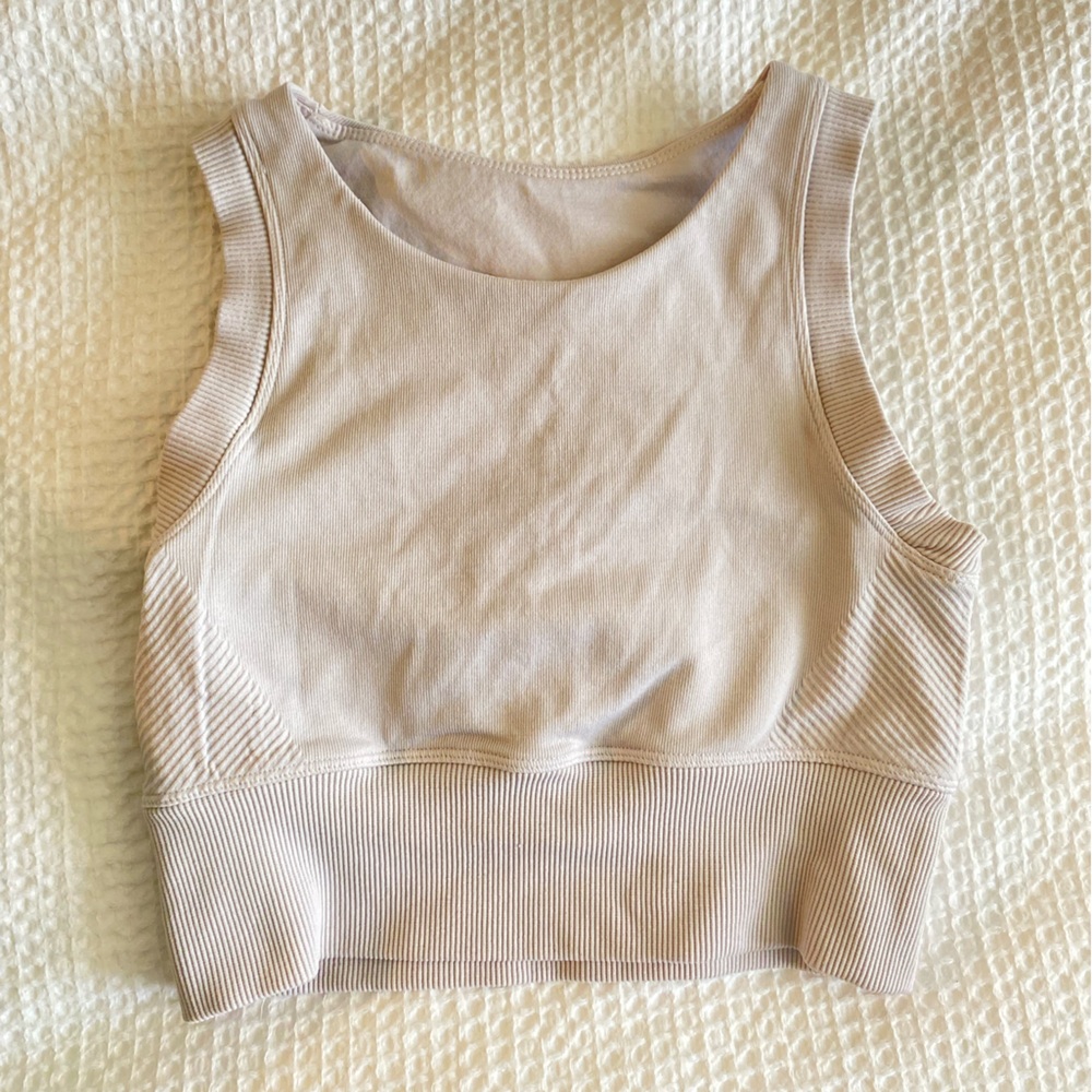 Beige Ribbed Workout Tank Top